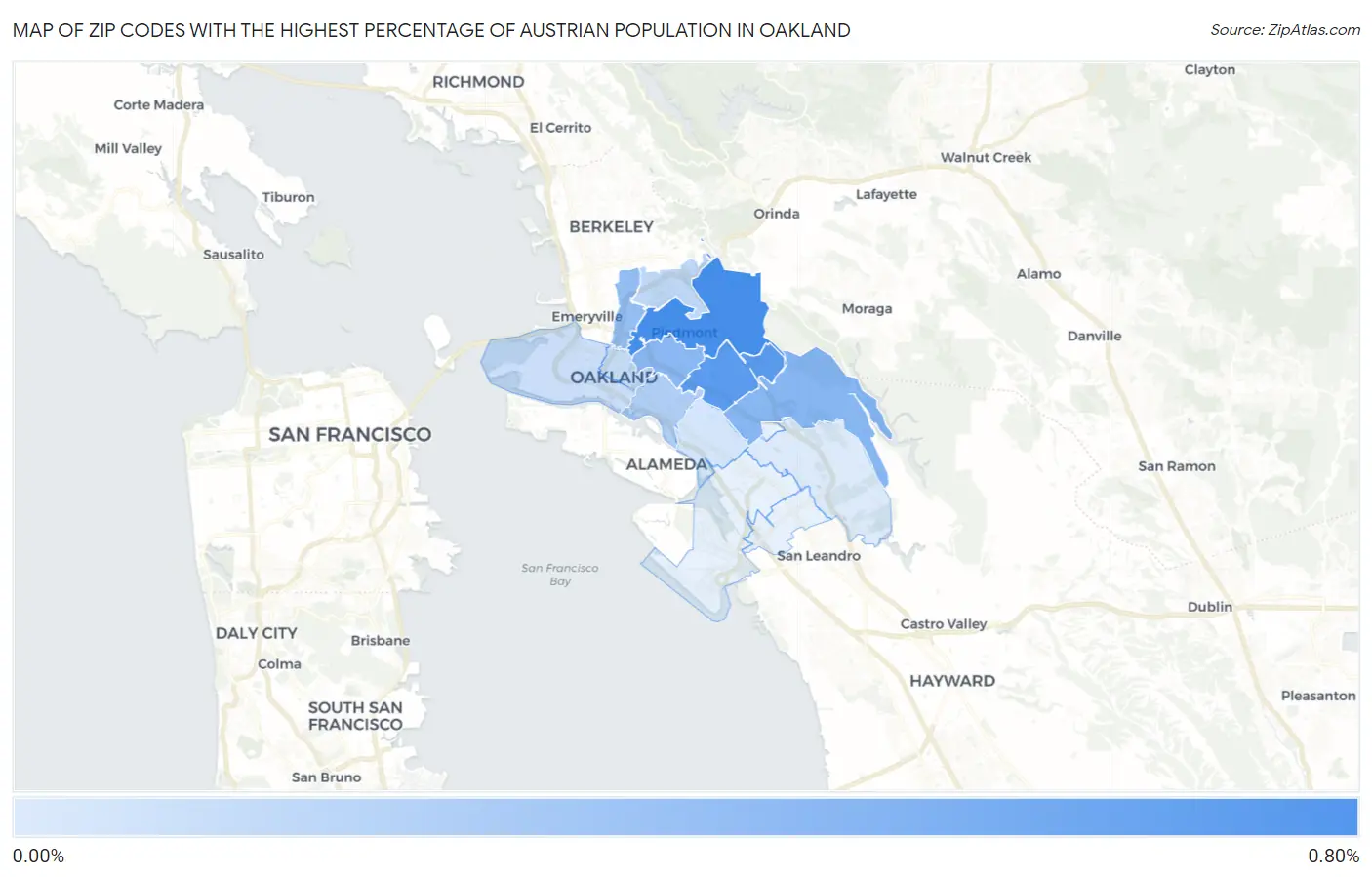 Zip Codes with the Highest Percentage of Austrian Population in Oakland Map