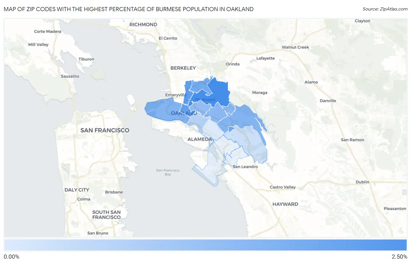 Zip Codes with the Highest Percentage of Burmese Population in Oakland Map