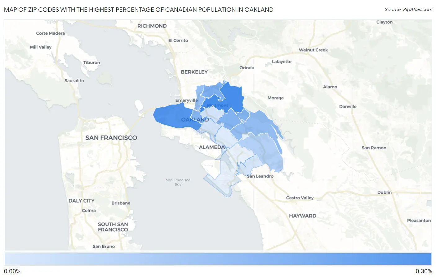 Zip Codes with the Highest Percentage of Canadian Population in Oakland Map