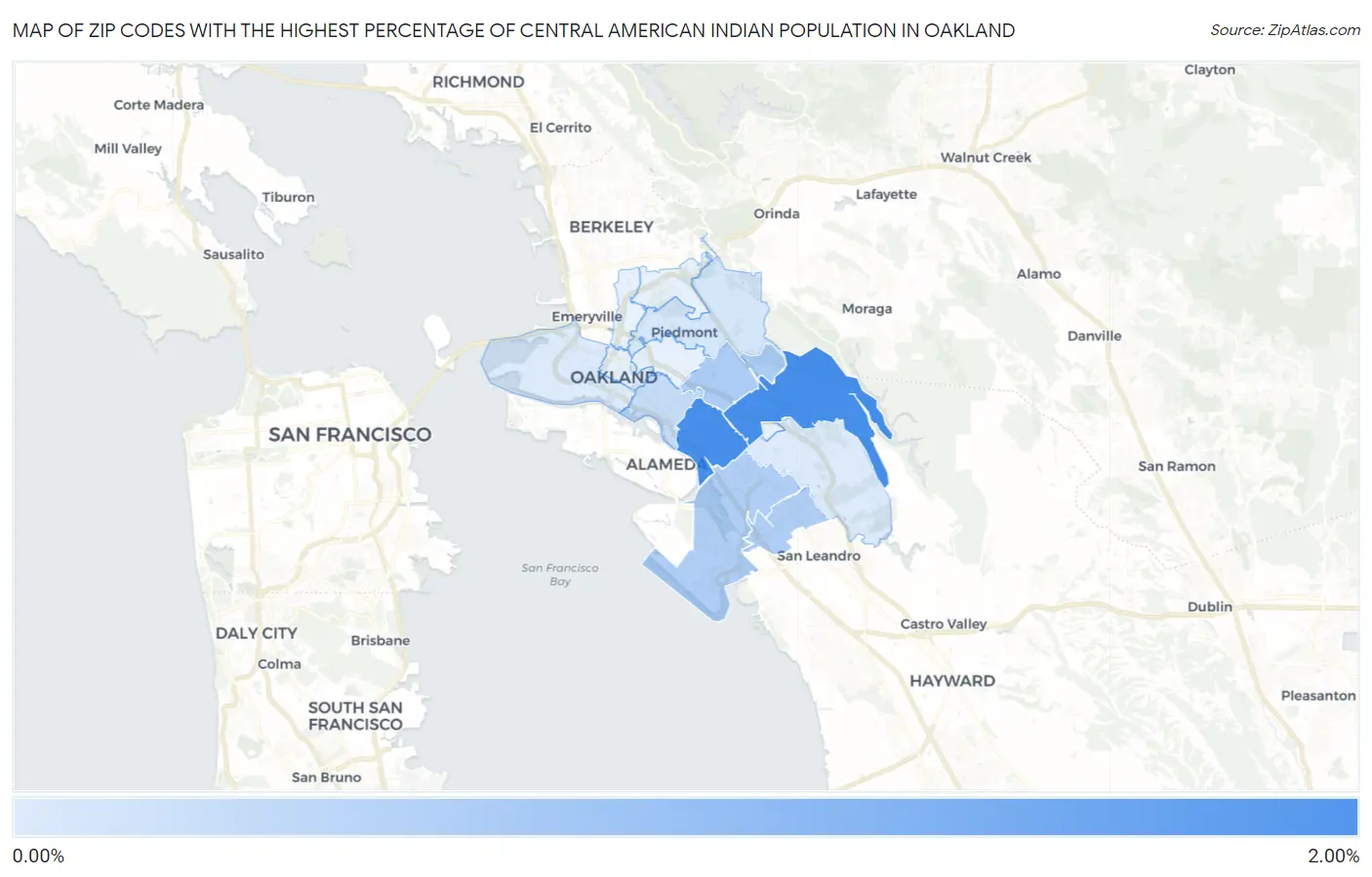Zip Codes with the Highest Percentage of Central American Indian Population in Oakland Map
