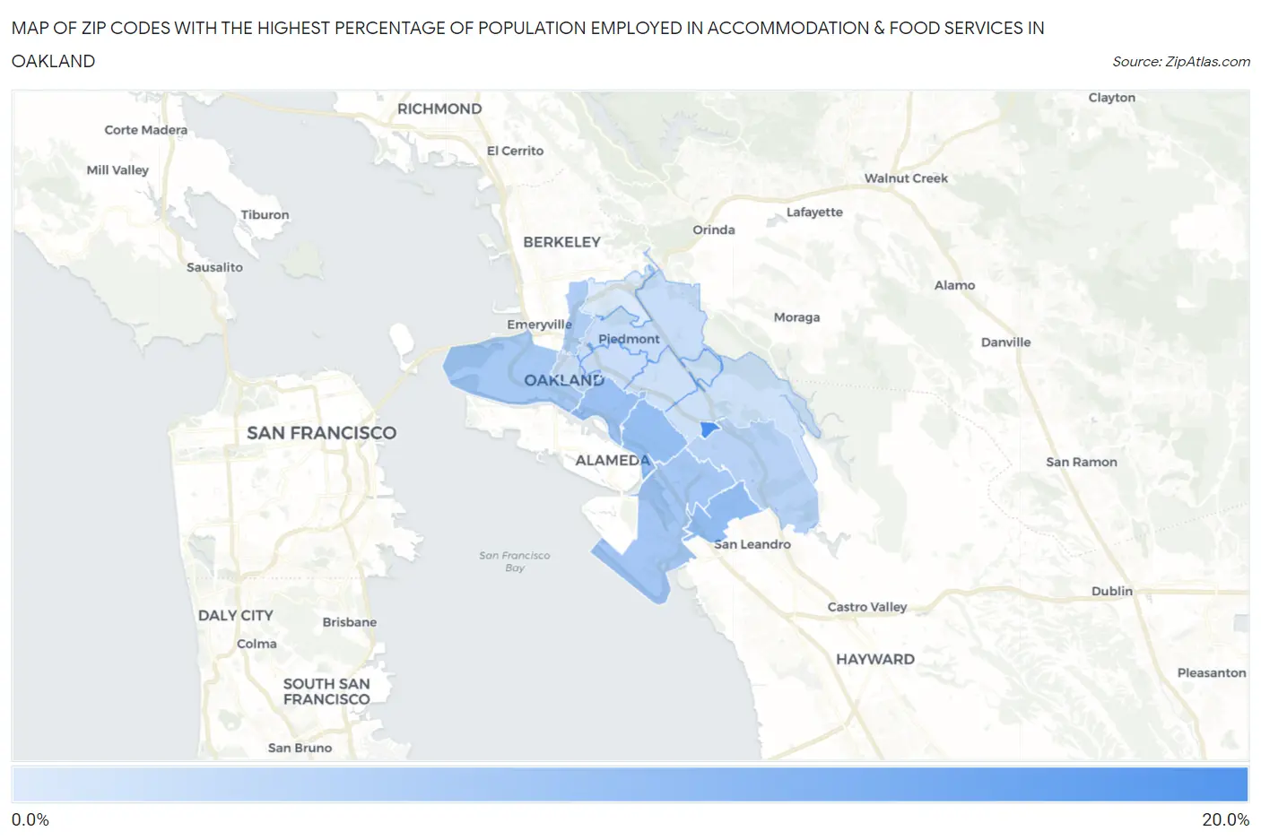 Zip Codes with the Highest Percentage of Population Employed in Accommodation & Food Services in Oakland Map