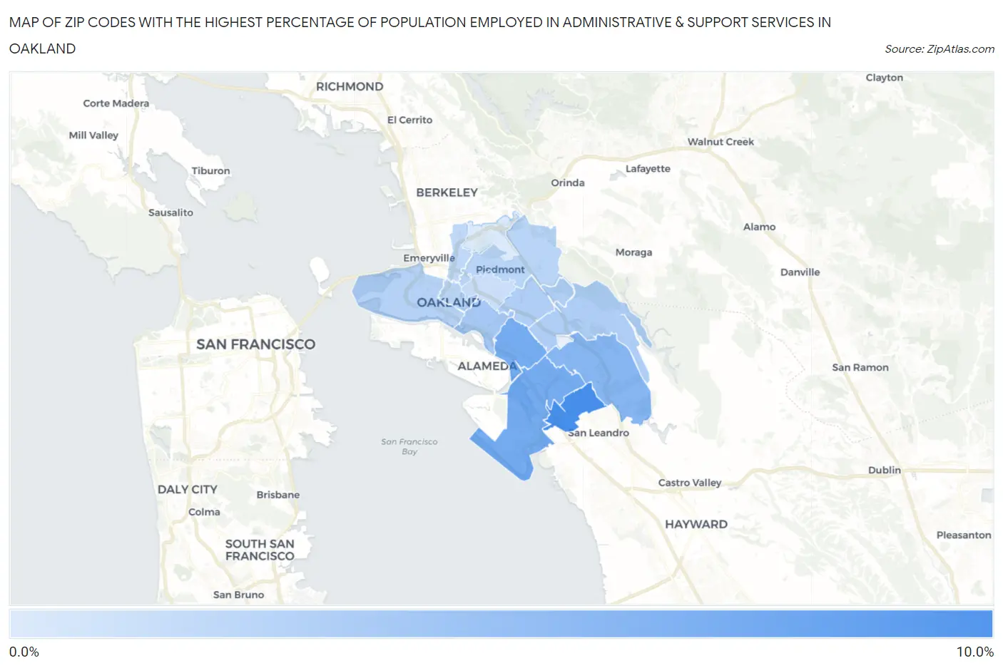 Zip Codes with the Highest Percentage of Population Employed in Administrative & Support Services in Oakland Map
