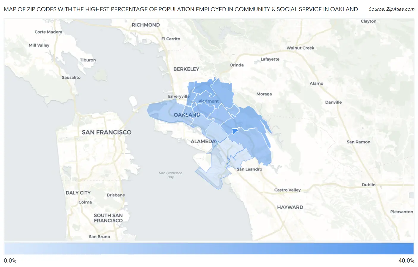 Zip Codes with the Highest Percentage of Population Employed in Community & Social Service  in Oakland Map