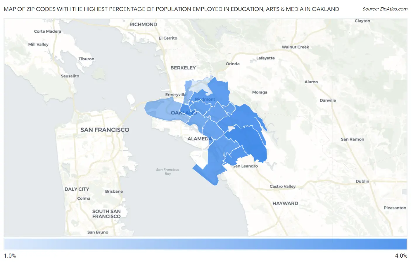 Zip Codes with the Highest Percentage of Population Employed in Education, Arts & Media in Oakland Map