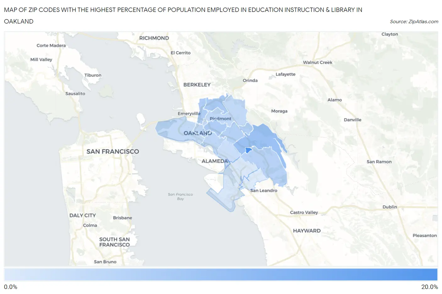 Zip Codes with the Highest Percentage of Population Employed in Education Instruction & Library in Oakland Map