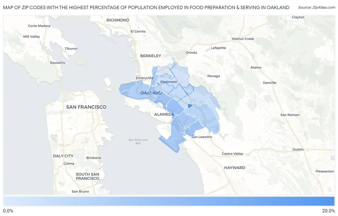 Zip Codes with the Highest Percentage of Population Employed in Food Preparation & Serving in Oakland Map