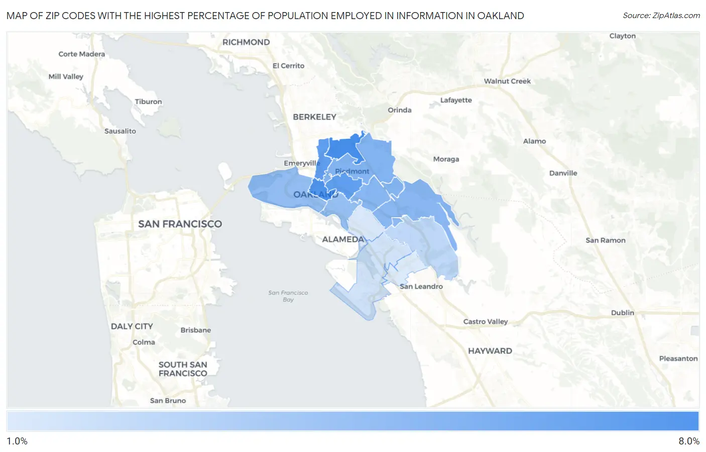 Zip Codes with the Highest Percentage of Population Employed in Information in Oakland Map