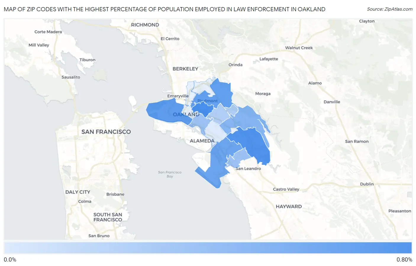 Zip Codes with the Highest Percentage of Population Employed in Law Enforcement in Oakland Map