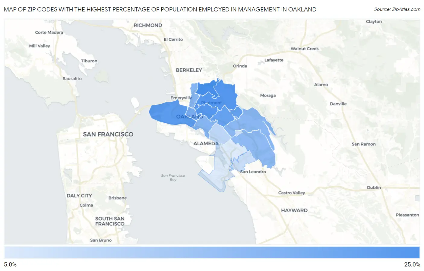 Zip Codes with the Highest Percentage of Population Employed in Management in Oakland Map