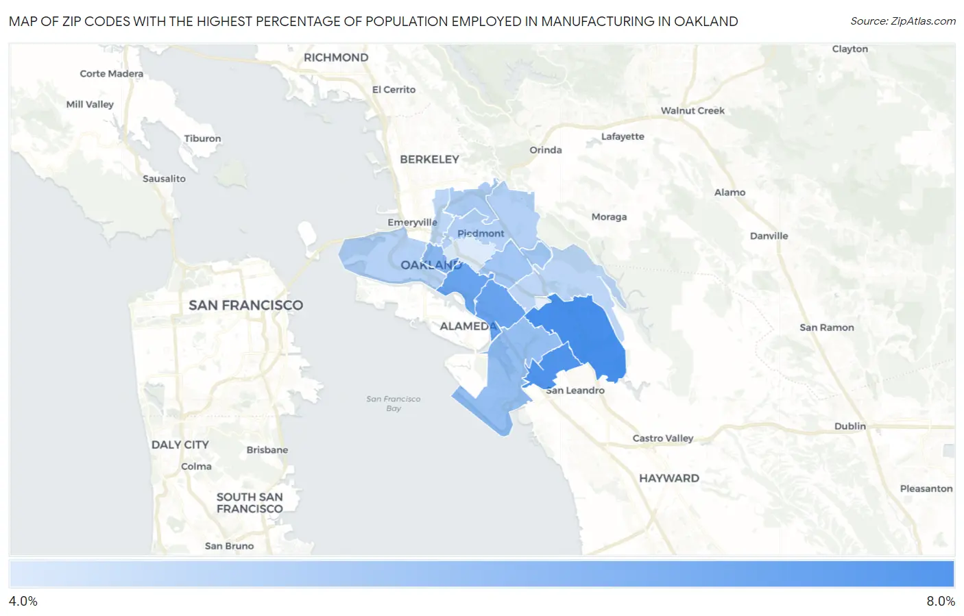 Zip Codes with the Highest Percentage of Population Employed in Manufacturing in Oakland Map
