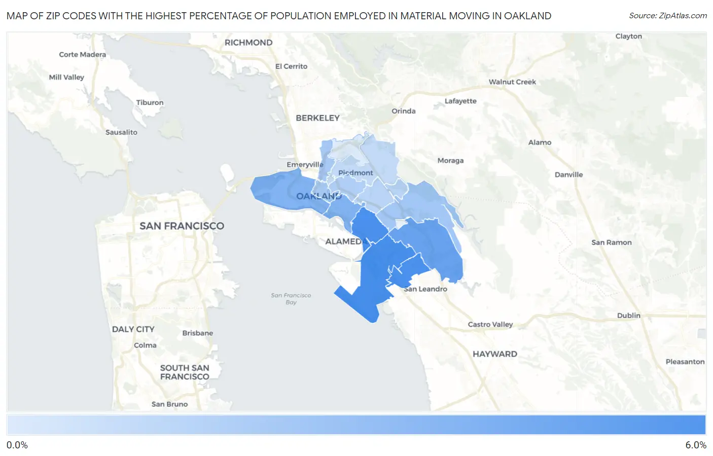 Zip Codes with the Highest Percentage of Population Employed in Material Moving in Oakland Map