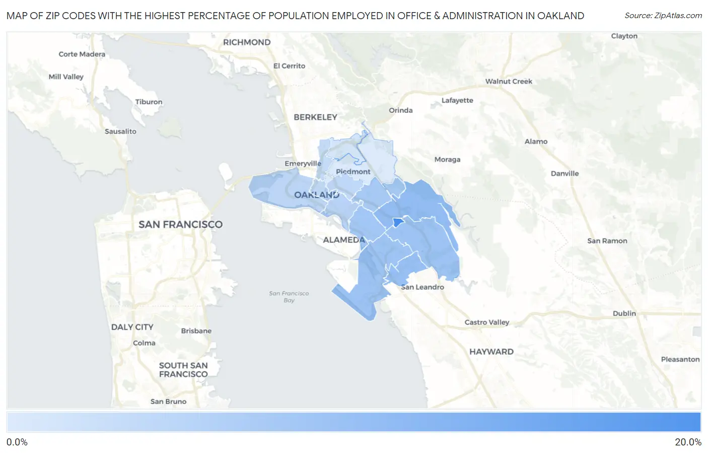 Zip Codes with the Highest Percentage of Population Employed in Office & Administration in Oakland Map