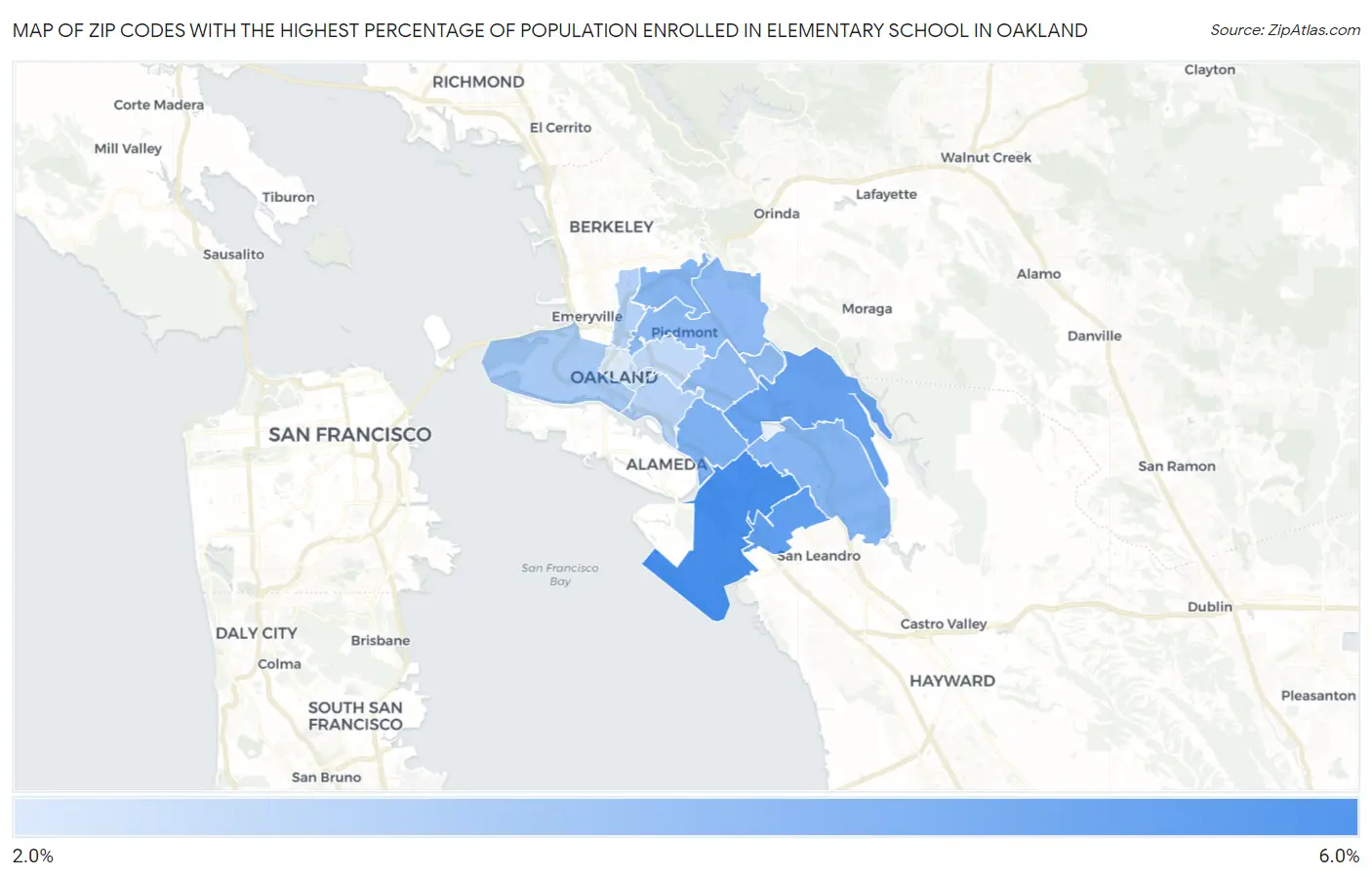Zip Codes with the Highest Percentage of Population Enrolled in Elementary School in Oakland Map