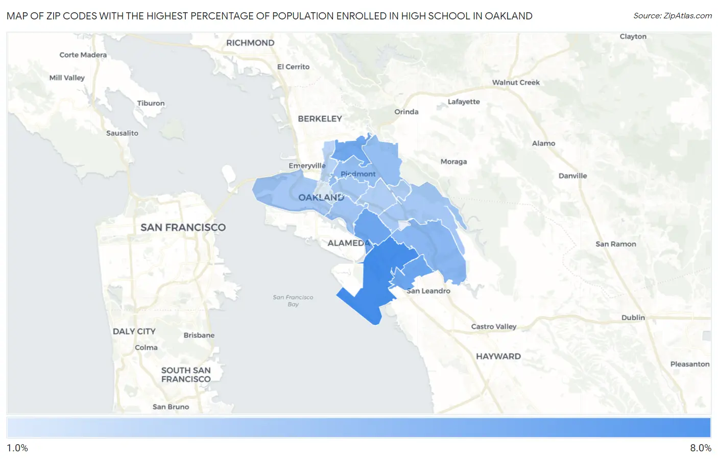 Zip Codes with the Highest Percentage of Population Enrolled in High School in Oakland Map