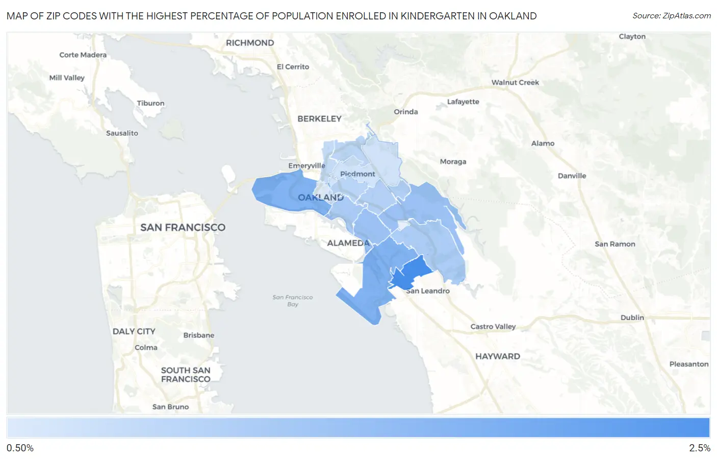 Zip Codes with the Highest Percentage of Population Enrolled in Kindergarten in Oakland Map