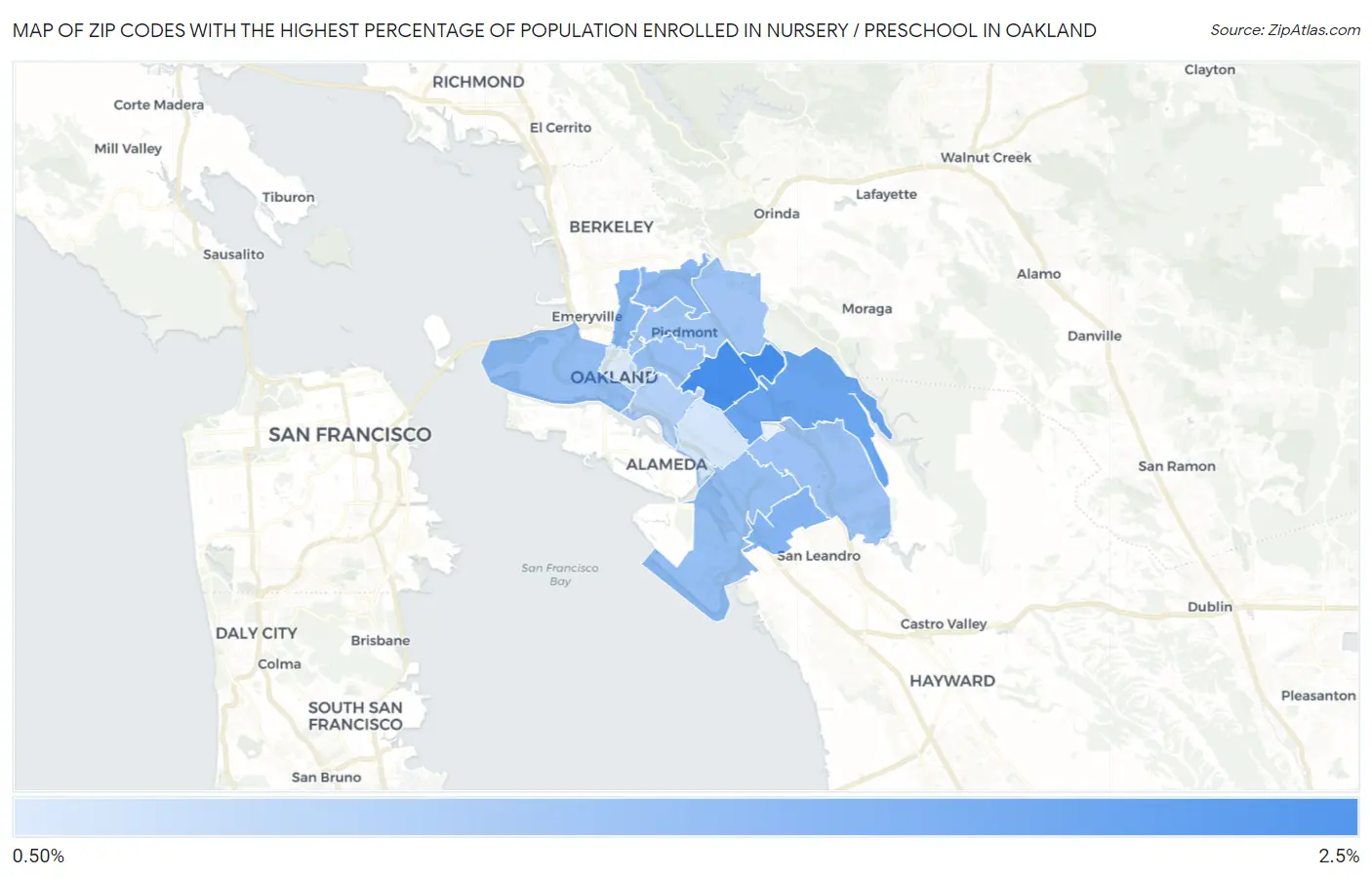 Zip Codes with the Highest Percentage of Population Enrolled in Nursery / Preschool in Oakland Map