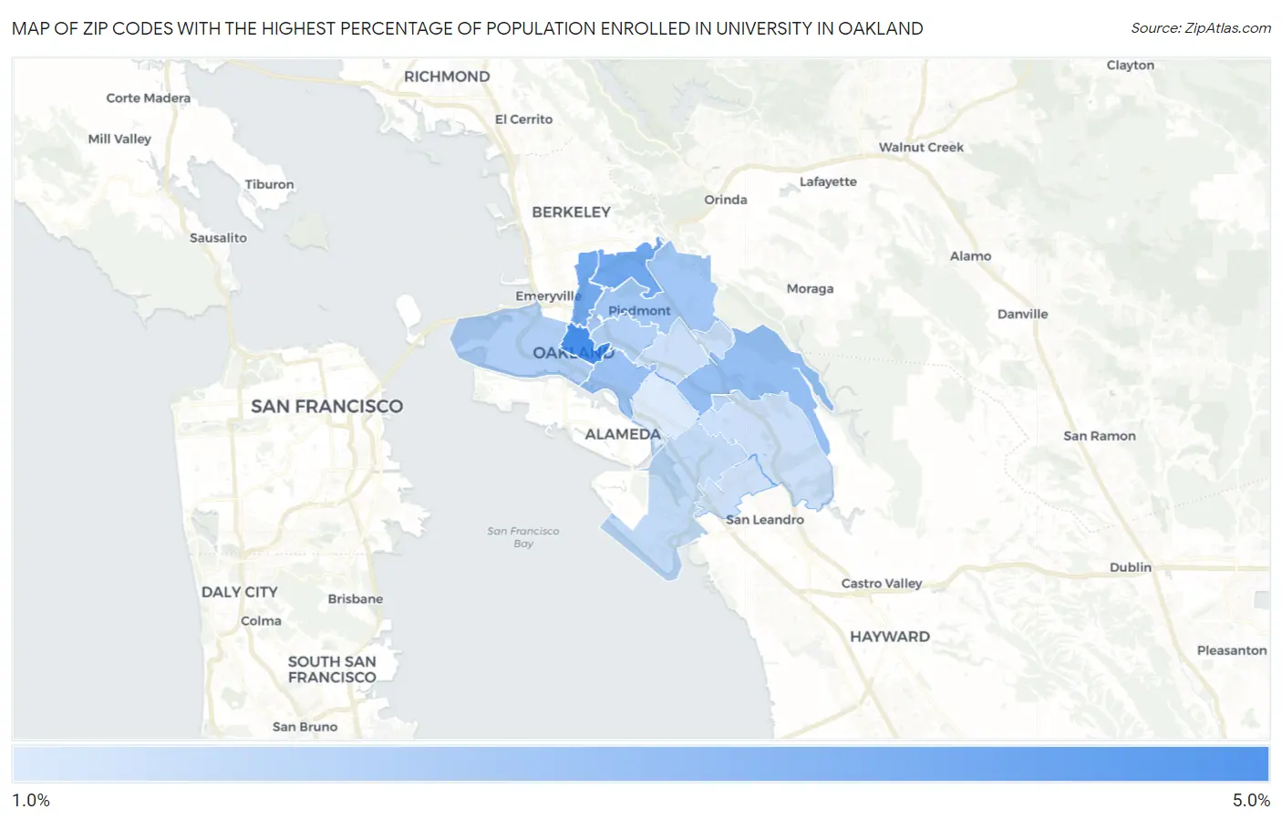 Zip Codes with the Highest Percentage of Population Enrolled in University in Oakland Map