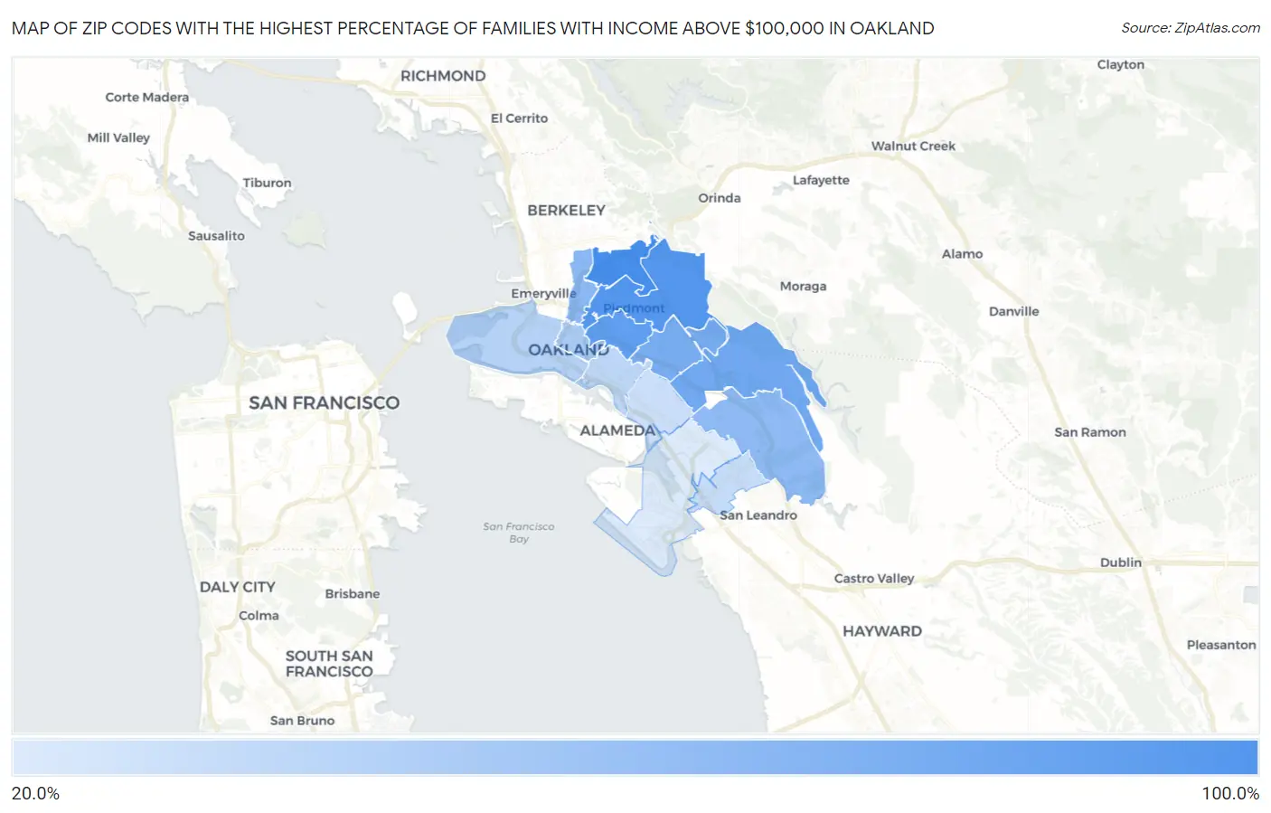 Zip Codes with the Highest Percentage of Families with Income Above $100,000 in Oakland Map