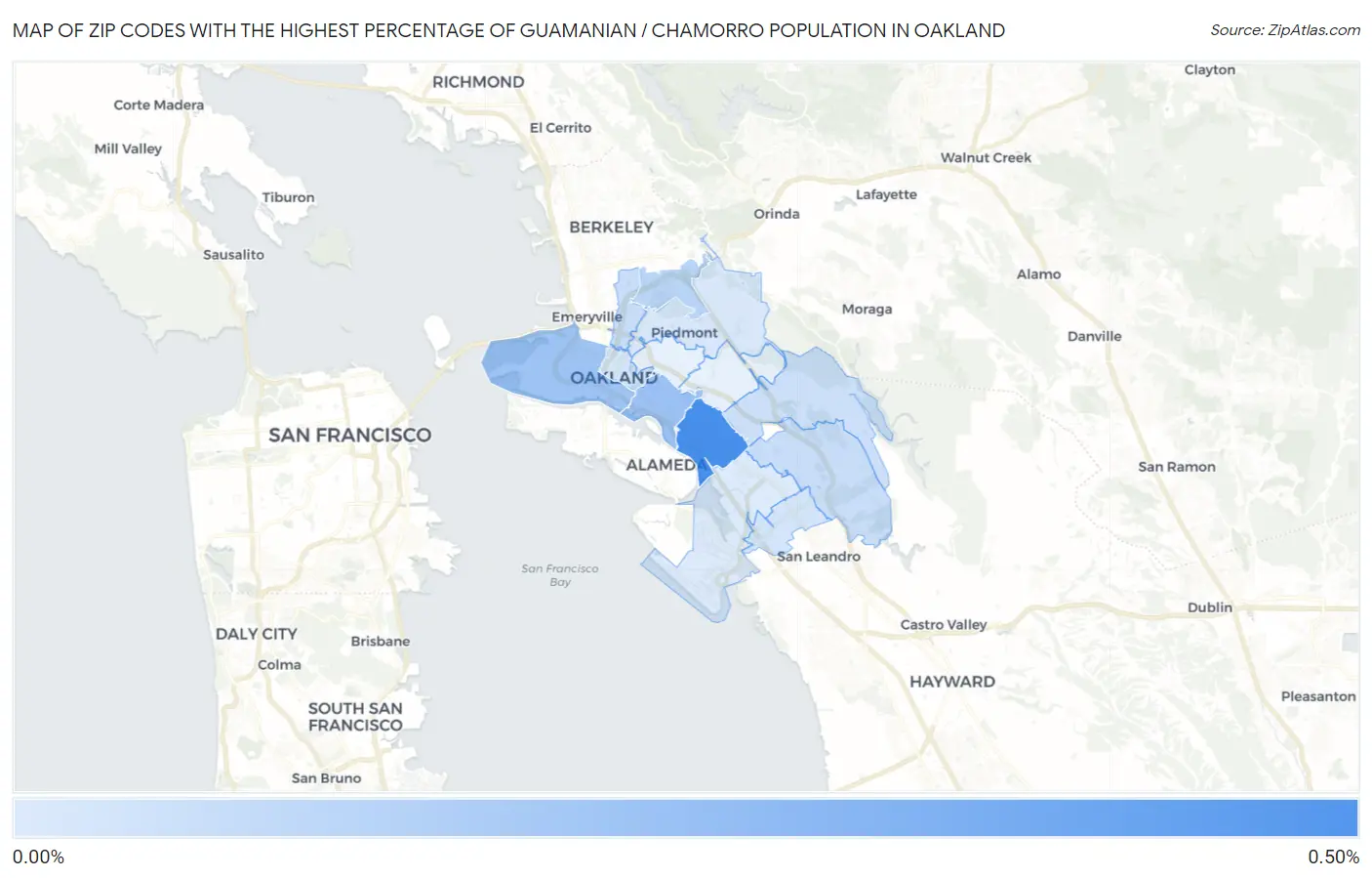 Zip Codes with the Highest Percentage of Guamanian / Chamorro Population in Oakland Map
