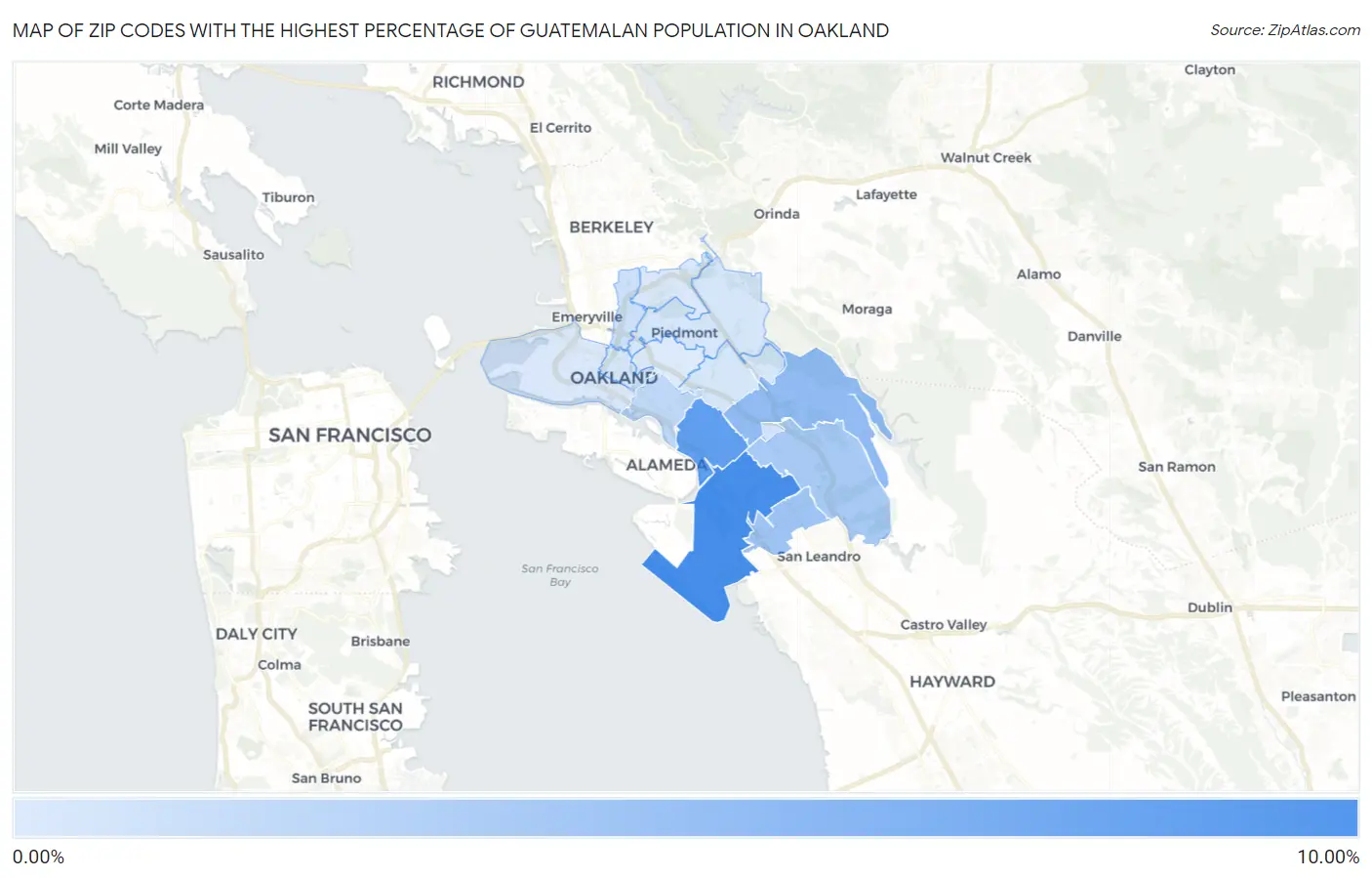 Zip Codes with the Highest Percentage of Guatemalan Population in Oakland Map