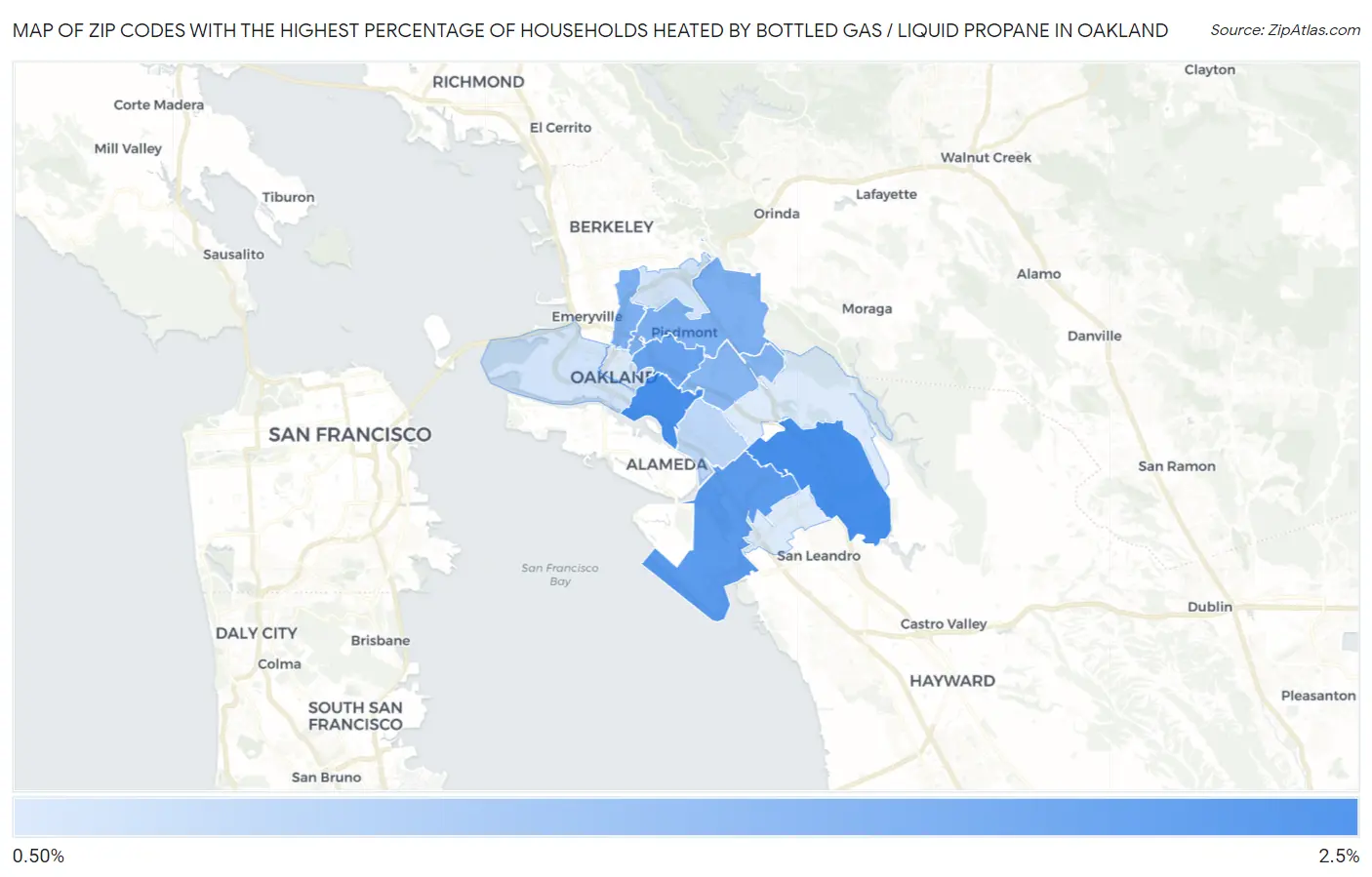 Zip Codes with the Highest Percentage of Households Heated by Bottled Gas / Liquid Propane in Oakland Map
