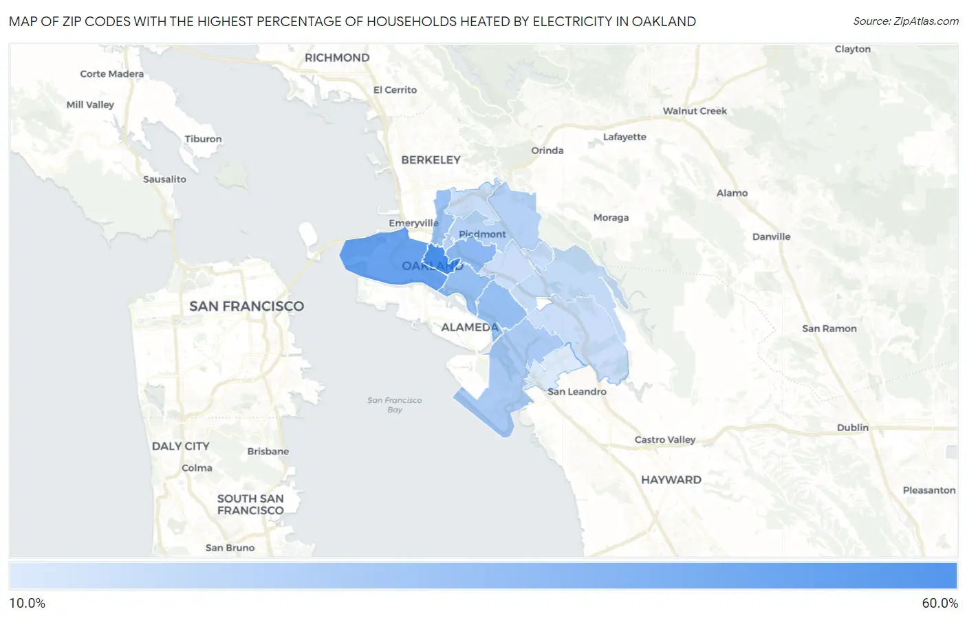 Zip Codes with the Highest Percentage of Households Heated by Electricity in Oakland Map