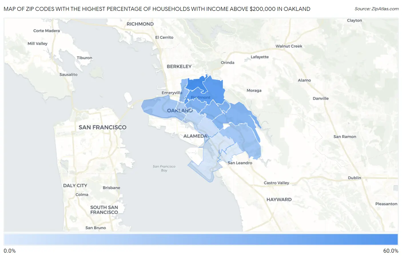Zip Codes with the Highest Percentage of Households with Income Above $200,000 in Oakland Map
