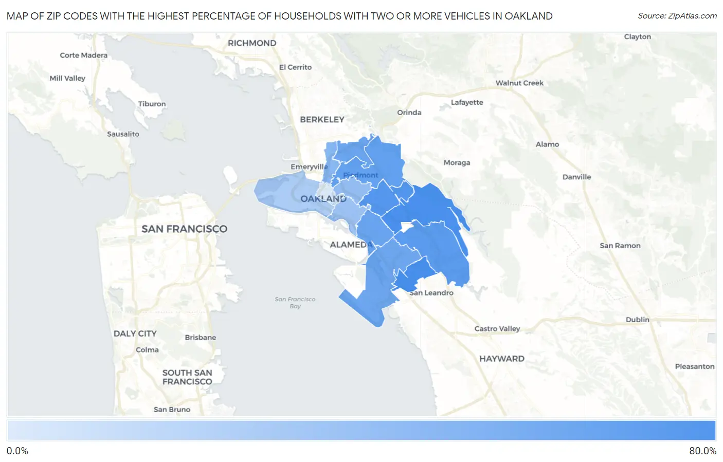 Zip Codes with the Highest Percentage of Households With Two or more Vehicles in Oakland Map