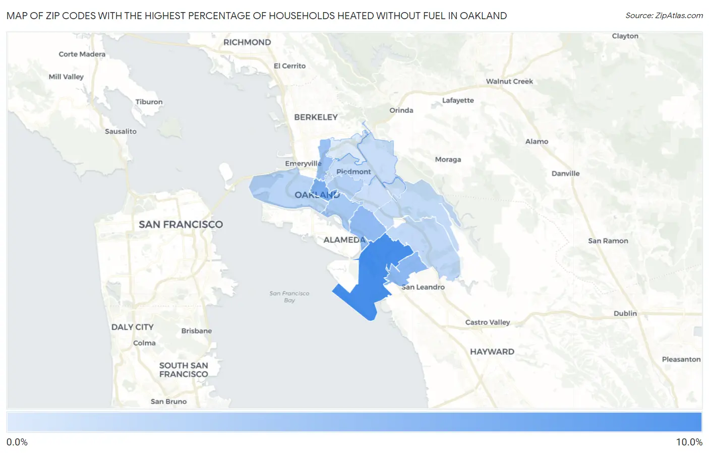Zip Codes with the Highest Percentage of Households Heated without Fuel in Oakland Map