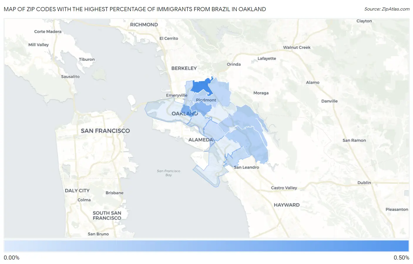 Zip Codes with the Highest Percentage of Immigrants from Brazil in Oakland Map