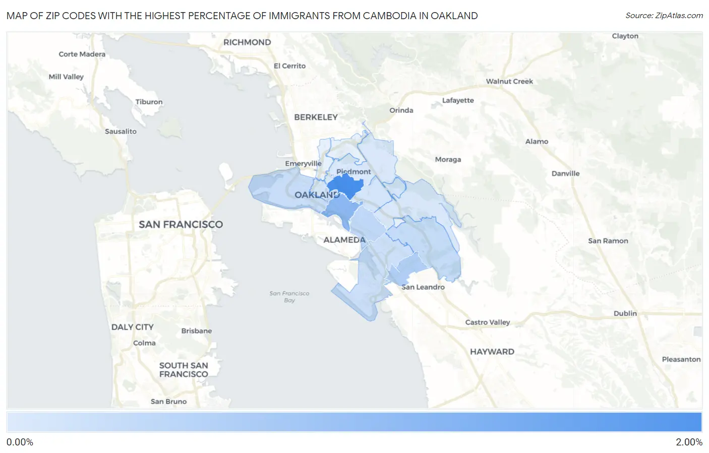 Zip Codes with the Highest Percentage of Immigrants from Cambodia in Oakland Map