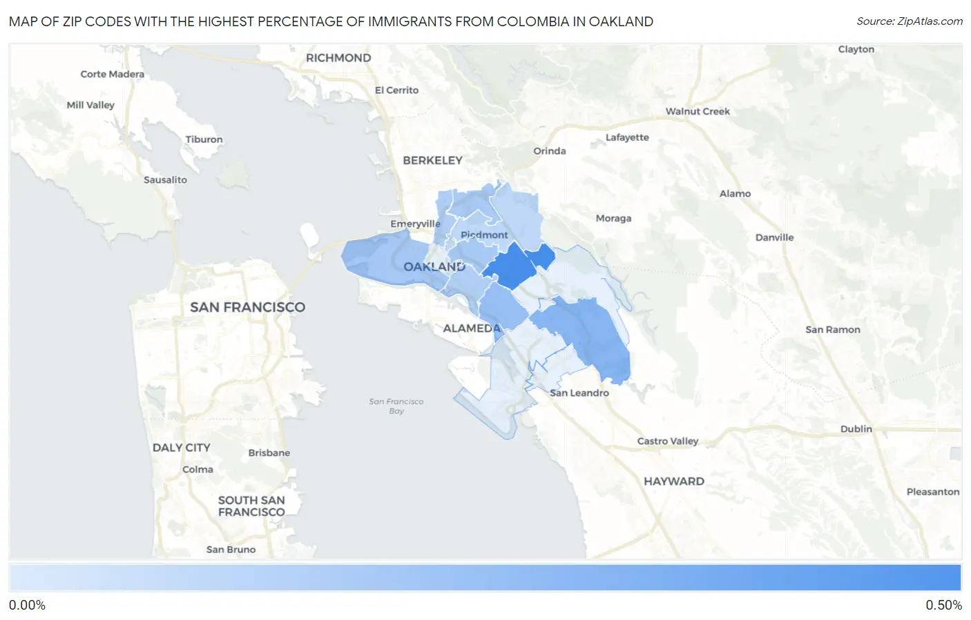 Zip Codes with the Highest Percentage of Immigrants from Colombia in Oakland Map