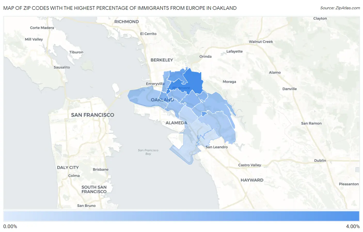 Zip Codes with the Highest Percentage of Immigrants from Europe in Oakland Map