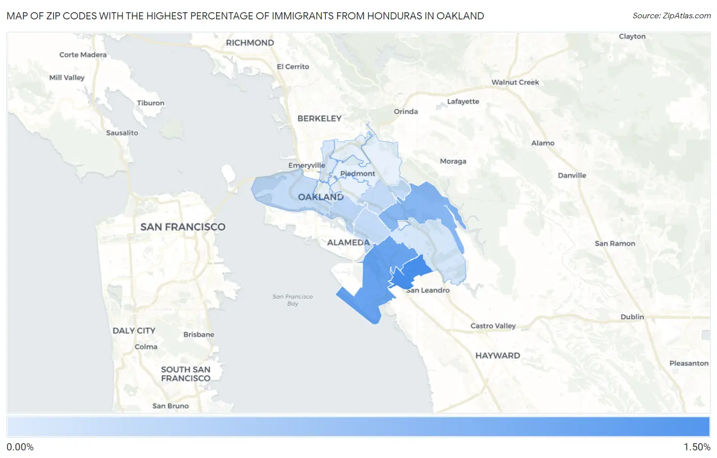Zip Codes with the Highest Percentage of Immigrants from Honduras in Oakland Map