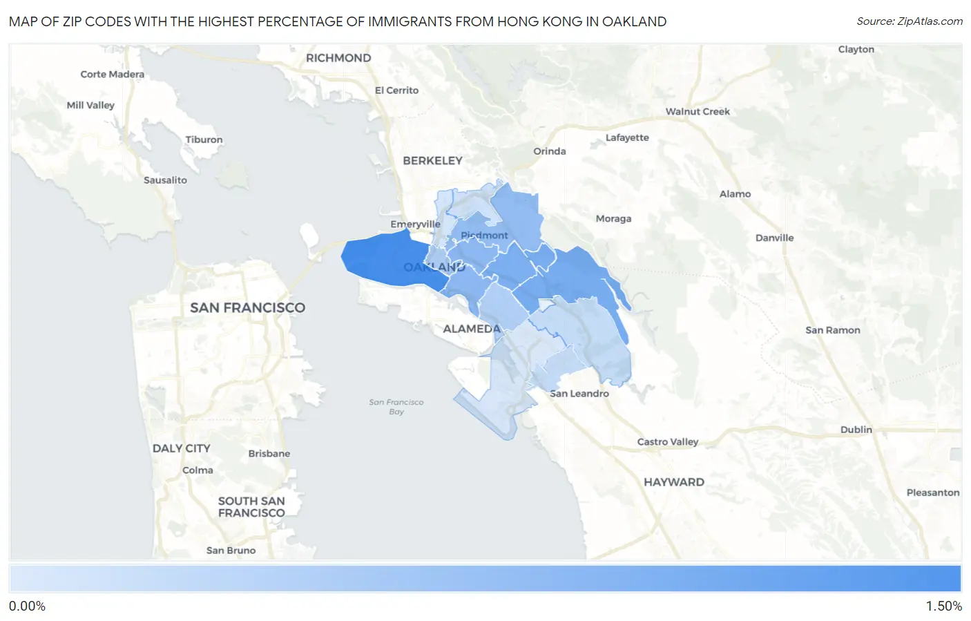 Zip Codes with the Highest Percentage of Immigrants from Hong Kong in Oakland Map