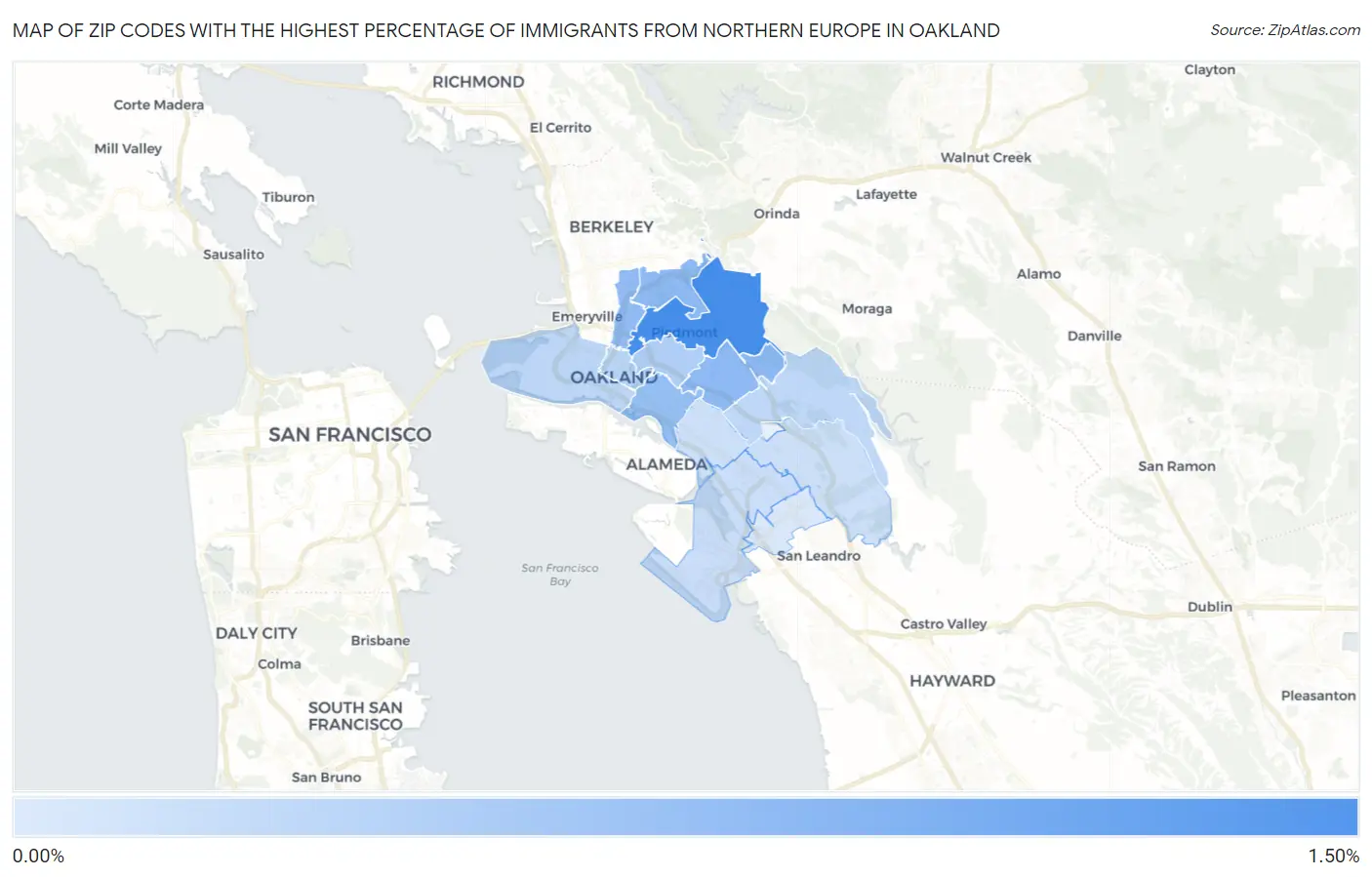 Zip Codes with the Highest Percentage of Immigrants from Northern Europe in Oakland Map