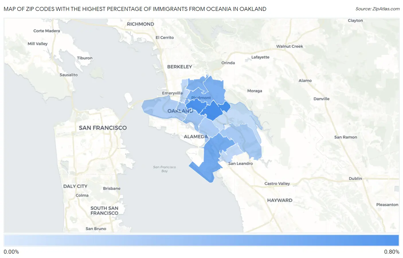 Zip Codes with the Highest Percentage of Immigrants from Oceania in Oakland Map