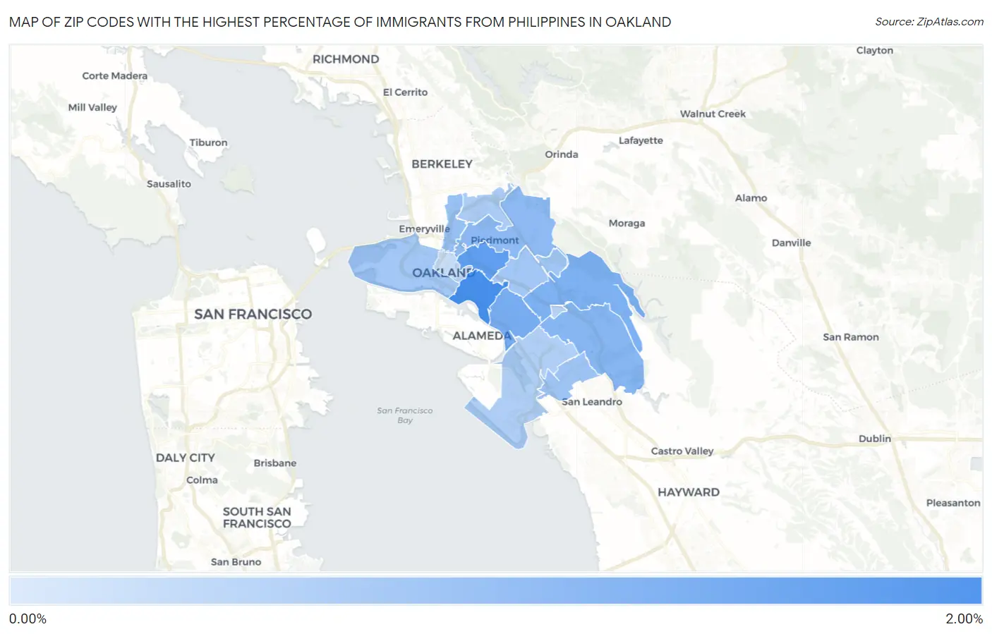 Zip Codes with the Highest Percentage of Immigrants from Philippines in Oakland Map