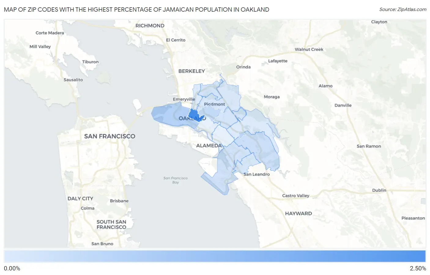 Zip Codes with the Highest Percentage of Jamaican Population in Oakland Map