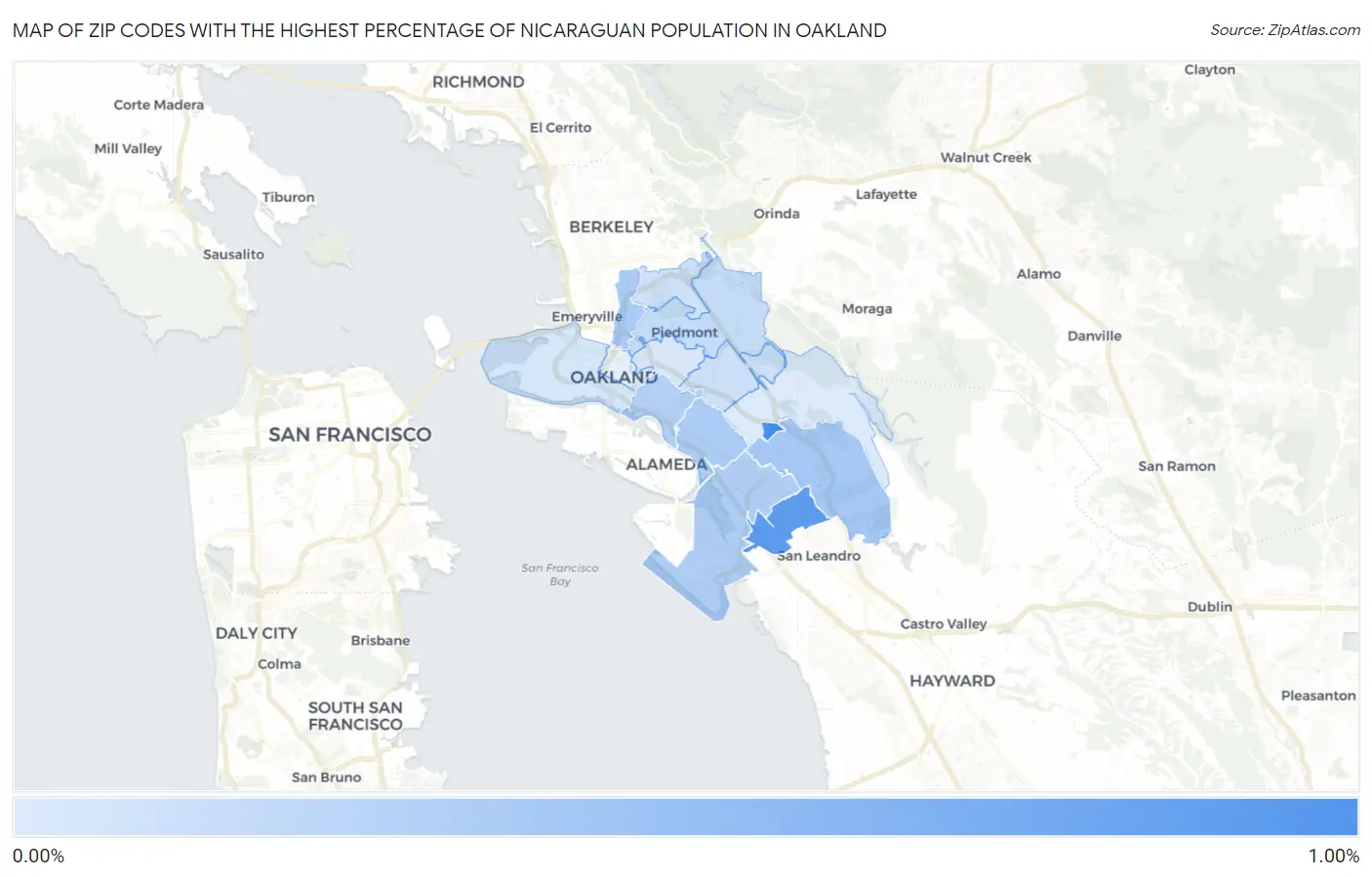 Zip Codes with the Highest Percentage of Nicaraguan Population in Oakland Map