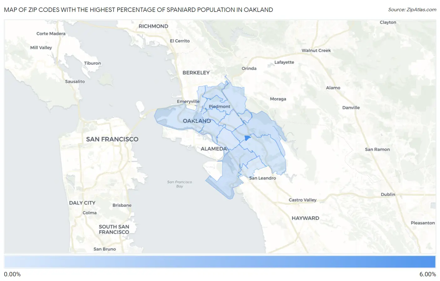 Zip Codes with the Highest Percentage of Spaniard Population in Oakland Map