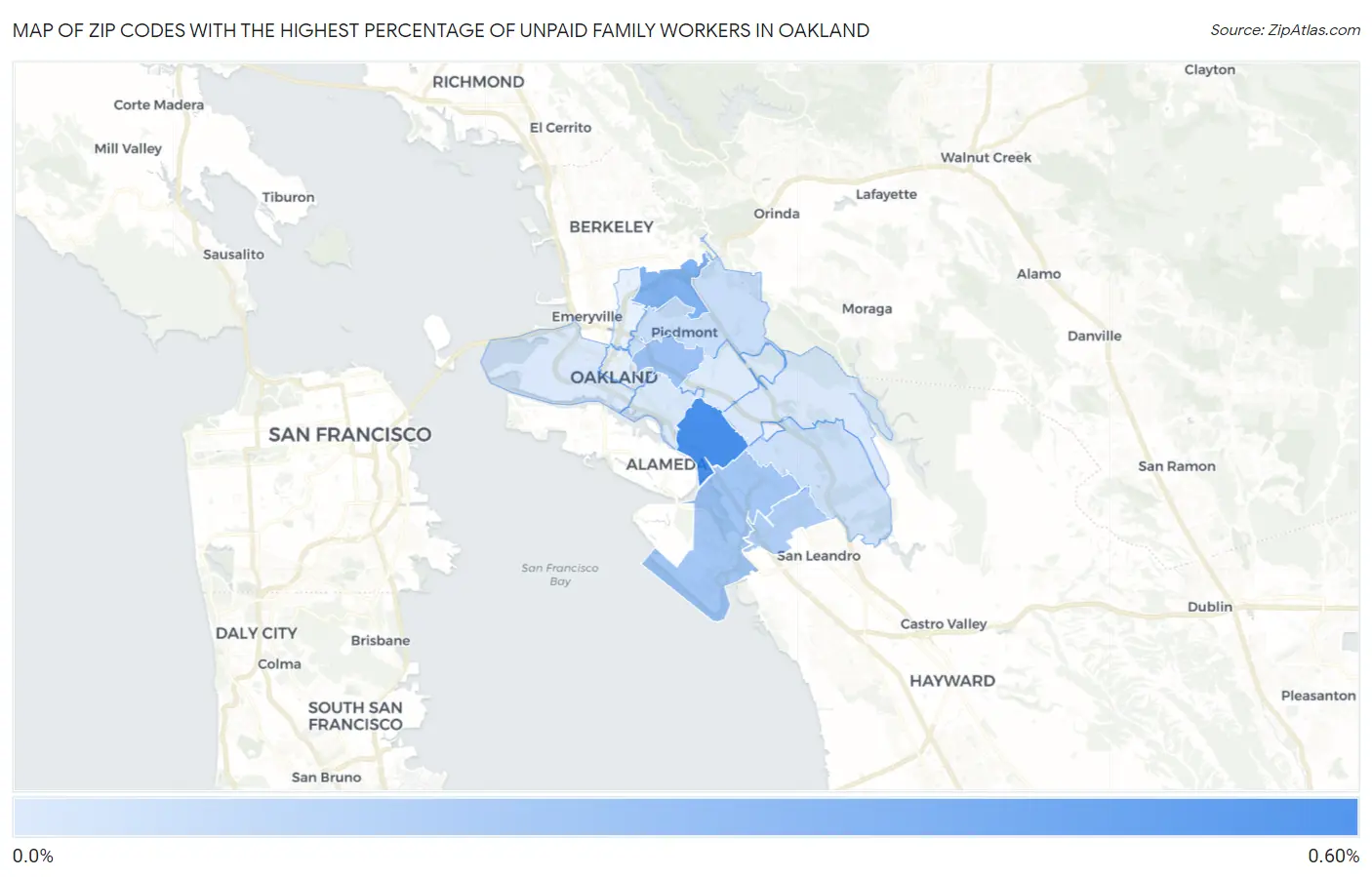 Zip Codes with the Highest Percentage of Unpaid Family Workers in Oakland Map