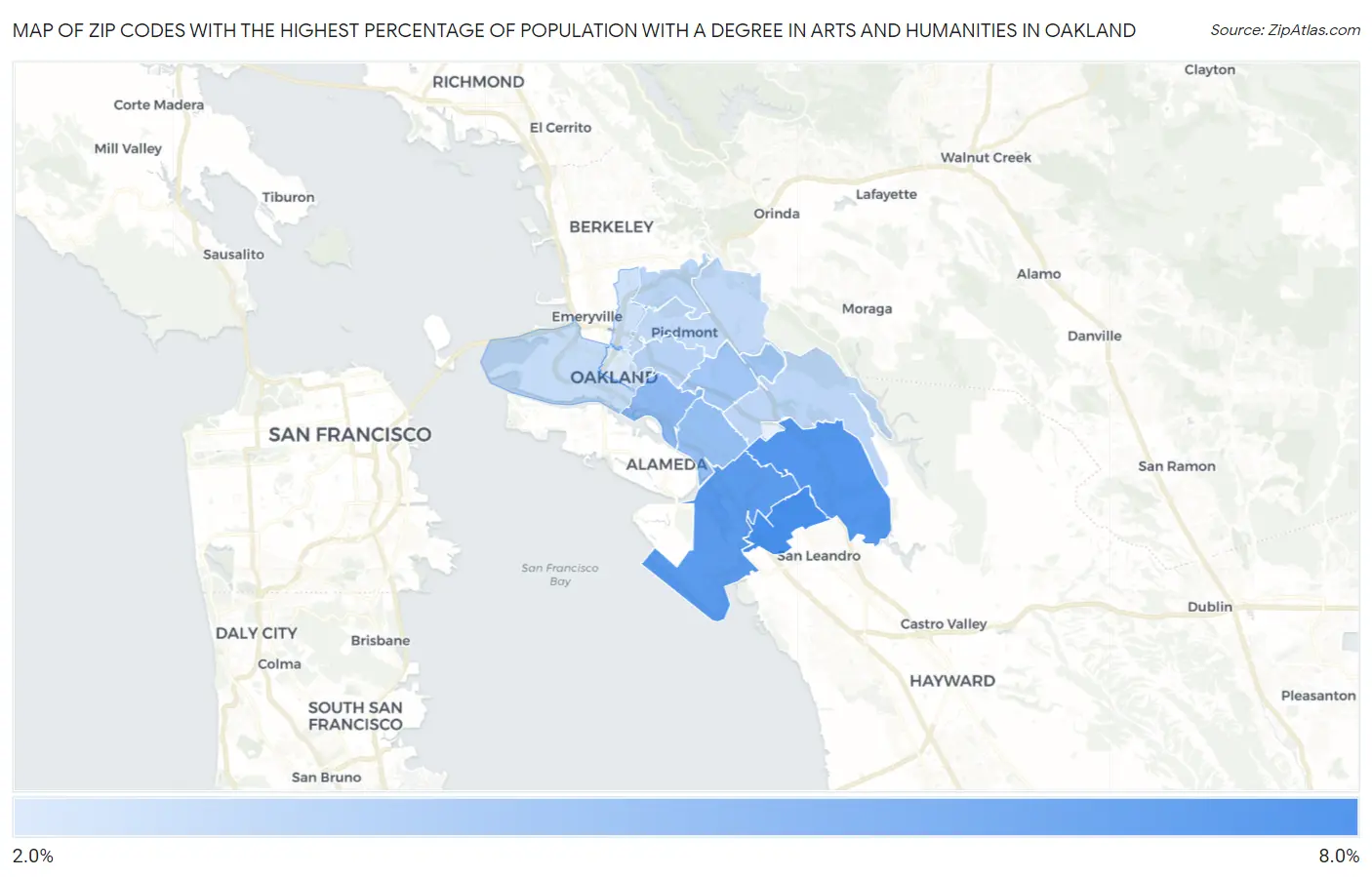 Zip Codes with the Highest Percentage of Population with a Degree in Arts and Humanities in Oakland Map
