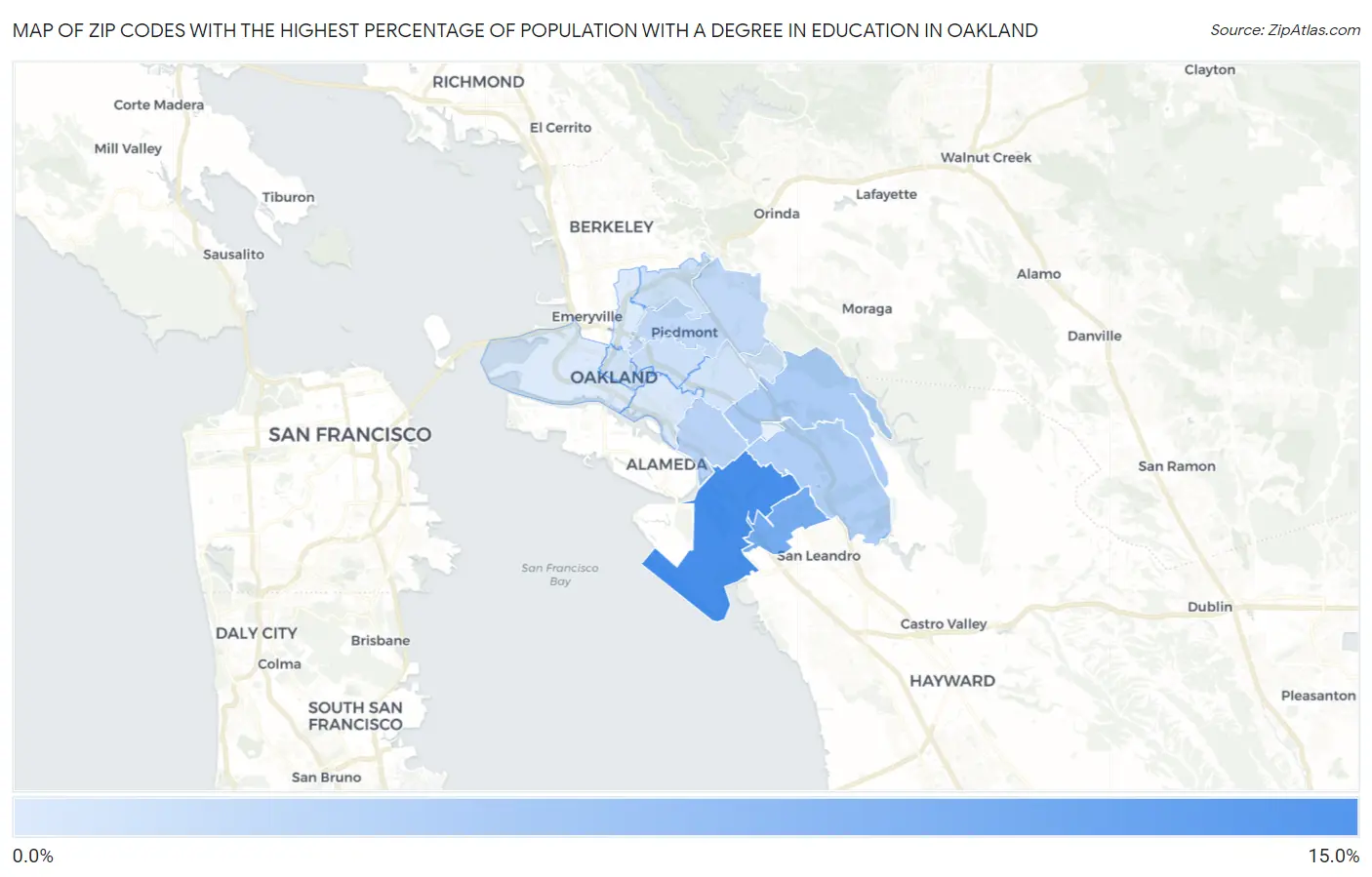 Zip Codes with the Highest Percentage of Population with a Degree in Education in Oakland Map