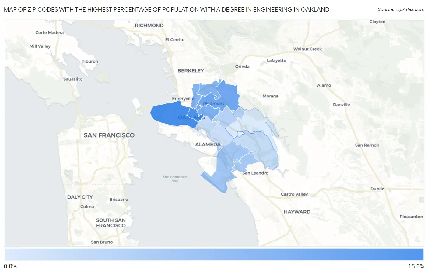 Zip Codes with the Highest Percentage of Population with a Degree in Engineering in Oakland Map
