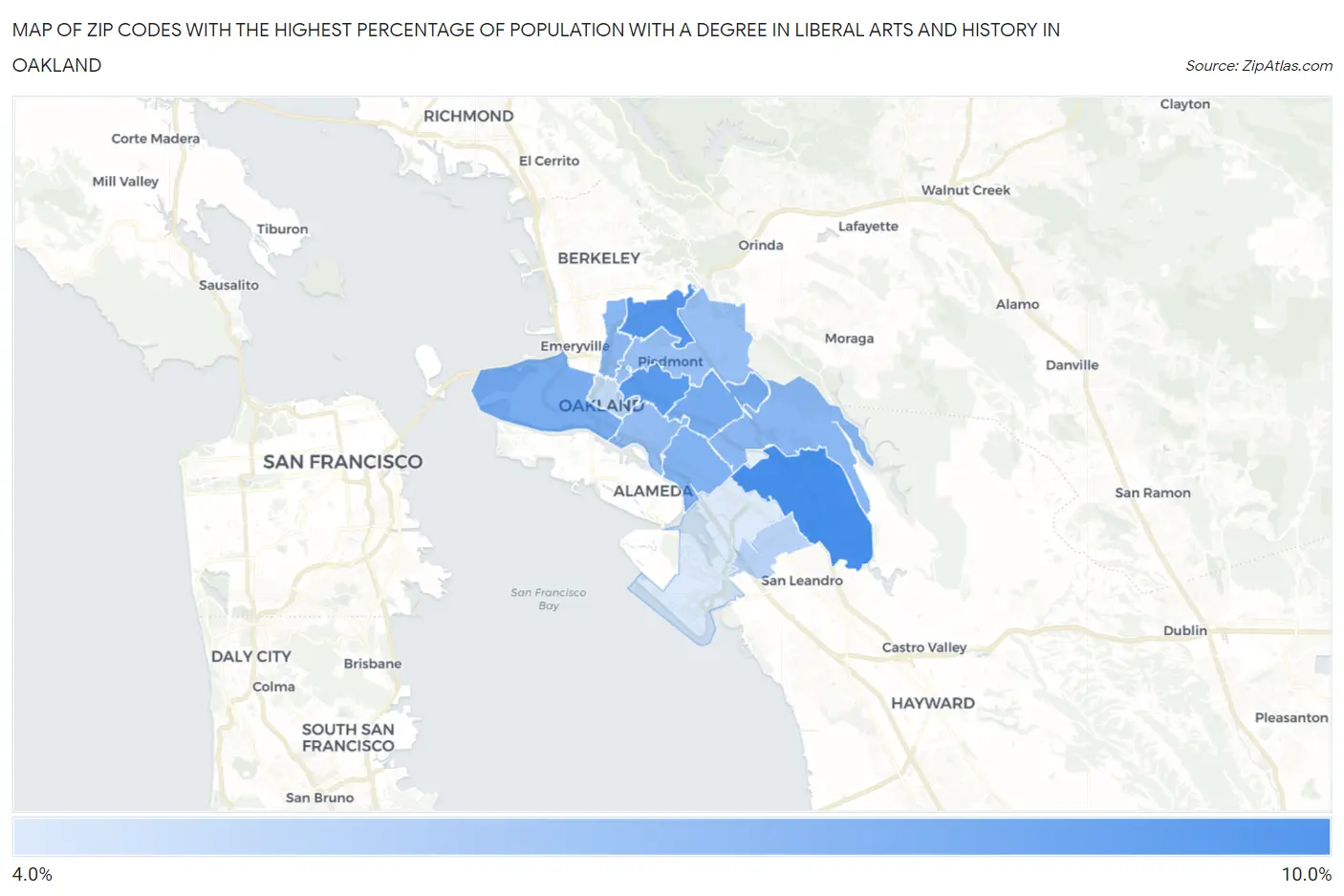 Zip Codes with the Highest Percentage of Population with a Degree in Liberal Arts and History in Oakland Map
