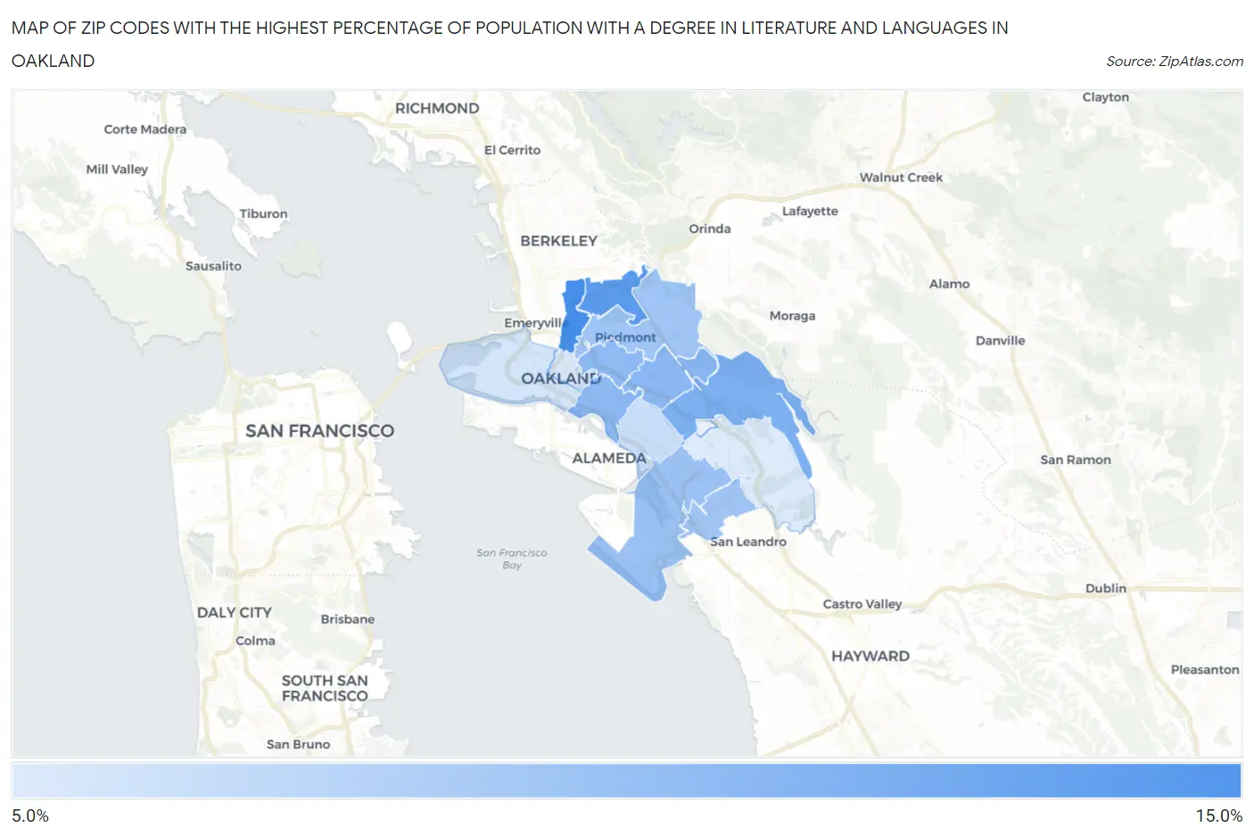 Zip Codes with the Highest Percentage of Population with a Degree in Literature and Languages in Oakland Map