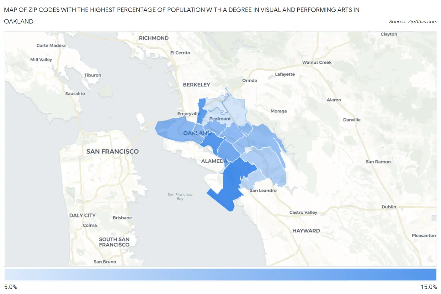 Zip Codes with the Highest Percentage of Population with a Degree in Visual and Performing Arts in Oakland Map