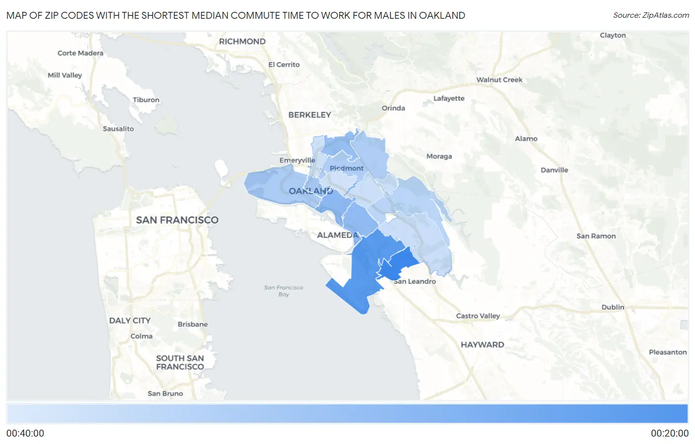 Zip Codes with the Shortest Median Commute Time to Work for Males in Oakland Map