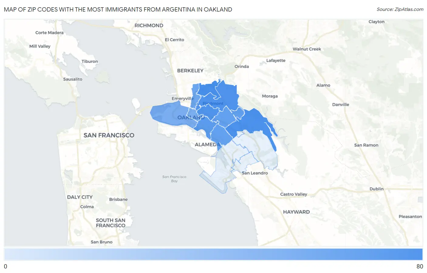 Zip Codes with the Most Immigrants from Argentina in Oakland Map